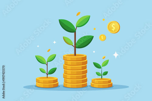 Flat vector illustration of a small plant growing out of a stack of golden coins, coins falling like rain, wealth accumulation and passive income concept.passive income, dividends, investment, growth,