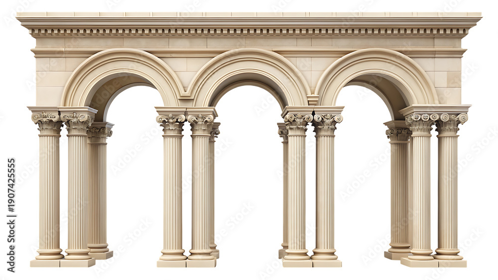 Fototapeta premium Classical stone arch colonnade with six columns isolated on a transparent background