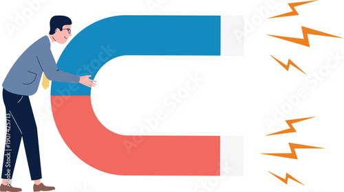 Man hold big magnet. Attraction force icon