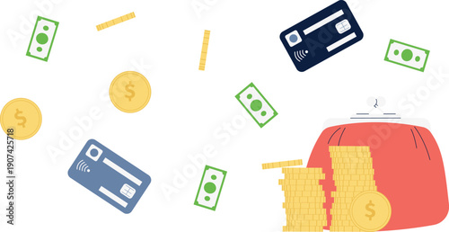 Money concept. Cash and electronic cards. Savings wallet
