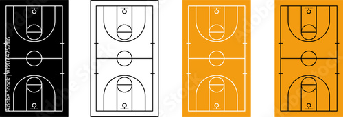 Flat illustration set of basketball court in outline silhouette style with fill color and orange variations. Clean modern sports design for posters, backgrounds, training diagrams, apps, and print.