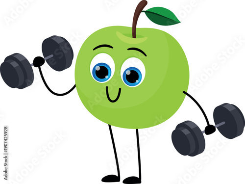 Strong apple character. Cheerful fruit exercise with dumbbells