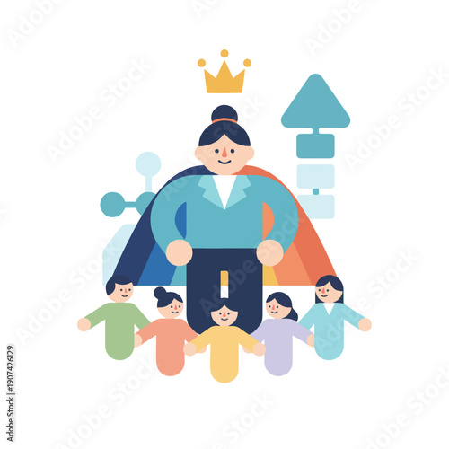 A flat vector illustration shows a crowned female leader with a cape overseeing a diverse team, representing leadership, teamwork, and success.
