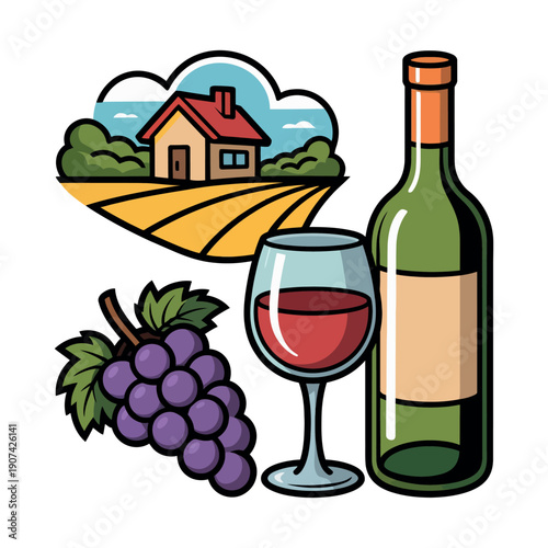 A bottle and glass of red wine sit next to a bunch of grapes and a vineyard scene.