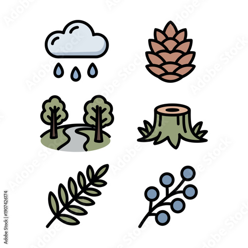 A collection of nature-themed icons including rain, a pinecone, a forest path, a tree stump, and foliage.