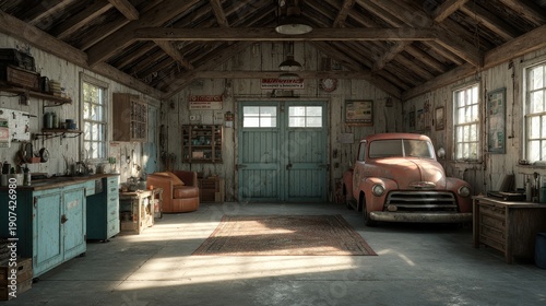 Vintage garage interior with classic red pickup truck and tools illuminated by natural light