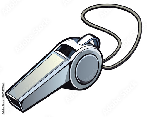 A silver whistle with a lanyard on a white background, viewed from an angle, is a common sports equipment, used for signaling.