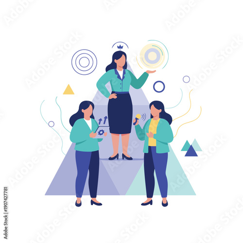 This vector illustrates female leadership and empowerment, with a central figure atop a pyramid overseeing collaborative work, communication, and innovation.