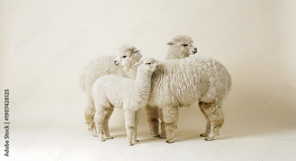 Naklejka premium Group of three fluffy white alpacas standing together, cloud, dancer, copy space, background.