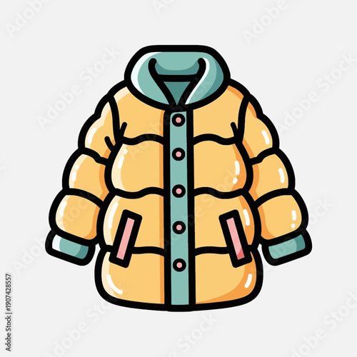 Cartoon illustration of a vibrant yellow puffer jacket with light blue collar and cuffs, featuring dark buttons and pink pocket accents.