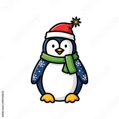 A cute cartoon penguin wearing a red Santa hat and a green scarf, with snowflake patterns on its blue body.