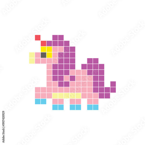 A flat pixel design made of geometric square color blocks on a clean icon layout. Pixel art fantasy pony