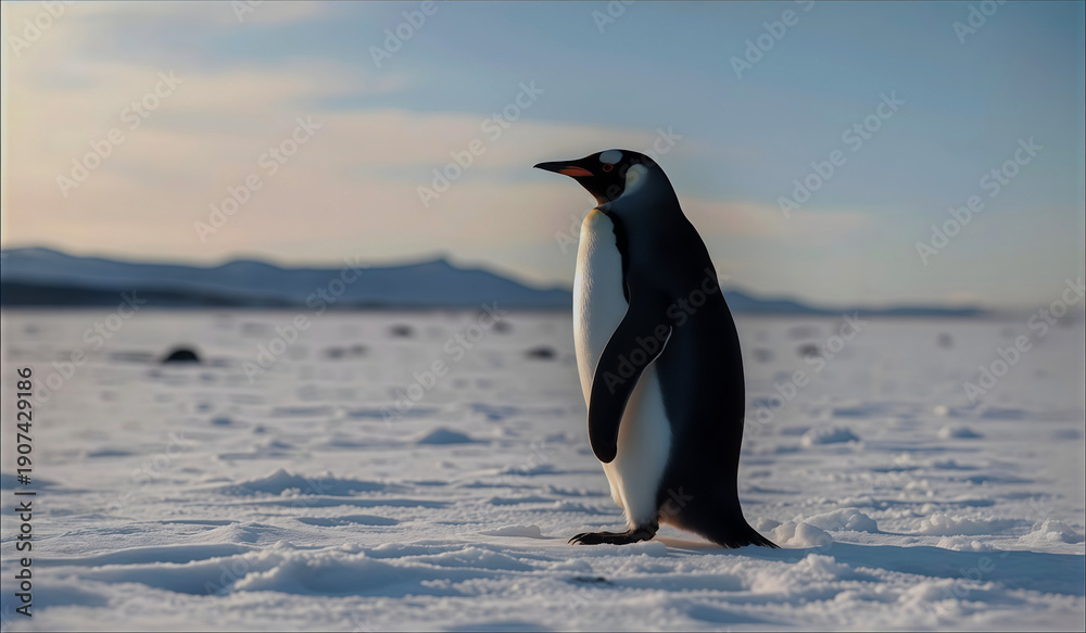 Obraz premium majestic emperor penguin stands alone on a vast expanse of snowy ice in Antarctica