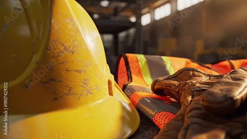 Industrial worker's essential safety equipment hard hat, vest, and gloves
