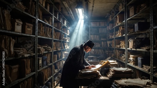 Man in vintage office surrounded by stacks of paperwork and files