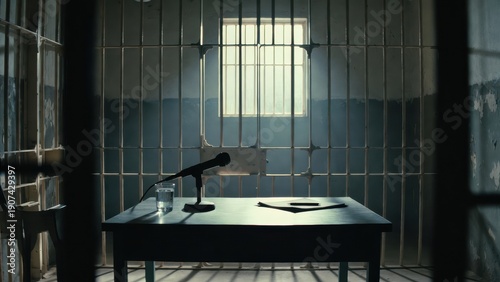 Dramatic prison cell with table and barred window