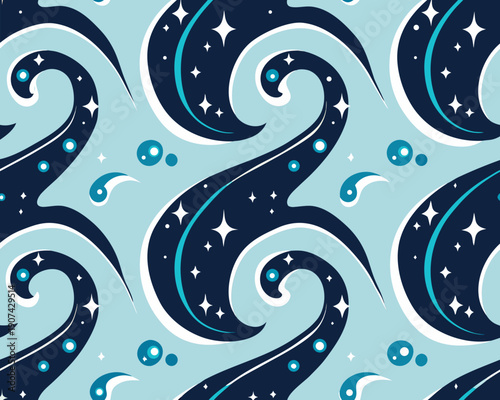 Whimsical ocean waves and stars illustration on a serene blue background from a top viewpoint