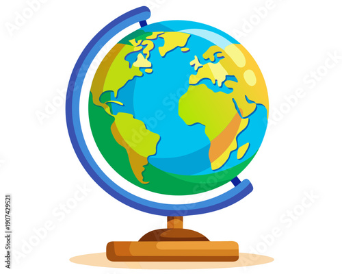 A colorful globe centered on a stand showcasing the continents from a tilted viewpoint