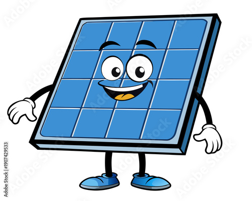 A cartoon solar panel character with a smiling face and legs is illustrated standing upright with hands outstretched in a friendly gesture