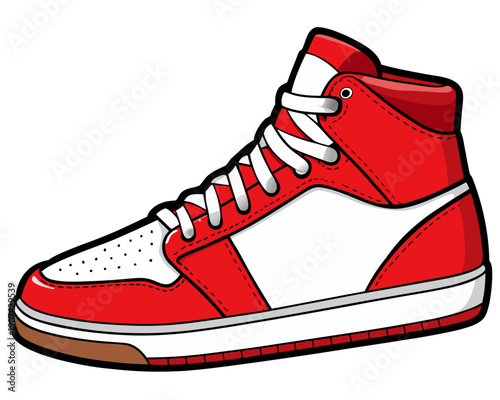 A red and white sneaker is viewed from the side on a plain background