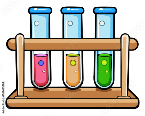 Test tubes with colored liquids on a rack in a laboratory setting