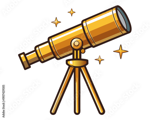 Illustration of a golden telescope on a tripod viewing stars in the night sky