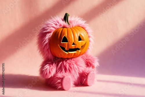 Cute pink plush toy with jack o lantern head for Halloween decoration