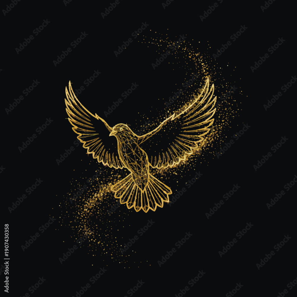 Obraz premium Golden flying dove silhouette with geometric line art and a sparkling stardust trail on a black background. Luxury vector illustration of a peace bird for spiritual and holiday designs.