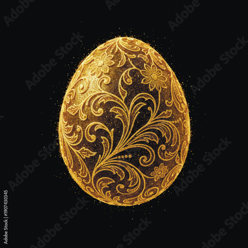 3d Luxury golden Easter egg with elegant floral filigree patterns and sparkling gold dust on a black background. Ornate vector illustration for premium holiday greetings and spring celebrations.