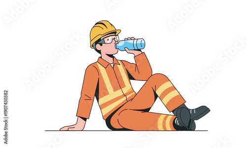 A clean vector illustration of a construction worker in an orange safety uniform and yellow hard hat, sitting on the ground and drinking water from a bottle.