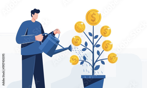A bright vector illustration depicting a man in a blue shirt using a watering can to grow a "money tree" adorned with gold coins, representing the concept of passive income and financial prosperity.
