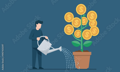 A conceptual illustration of a man watering a potted plant where the leaves have turned into gold dollar coins, symbolizing financial investment and long-term wealth growth.