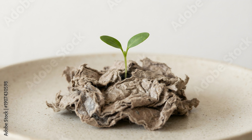 Sprout on crumpled paper, illustrating resourceful business strategies, innovative product development, and circular economy principles for economic resilience.