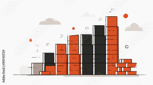 Bar chart of stacked bricks symbolizing construction, finance, and growth. Vector illustration.
