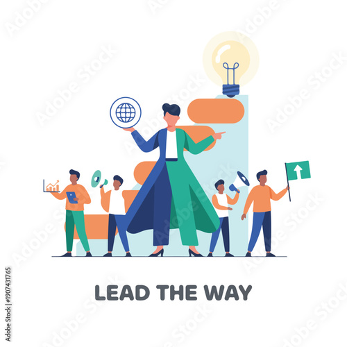 A diverse team, led by a prominent woman with a global vision, collaborates with innovation and clear direction towards progress, embodying leadership and teamwork.