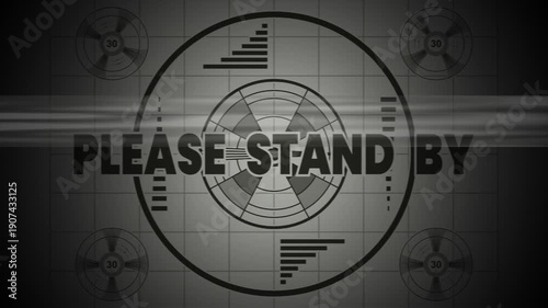 Glitchy test pattern screen for please stand by break, suitable for video production, tv and film projects, broadcasting, waiting rooms, and presentations.