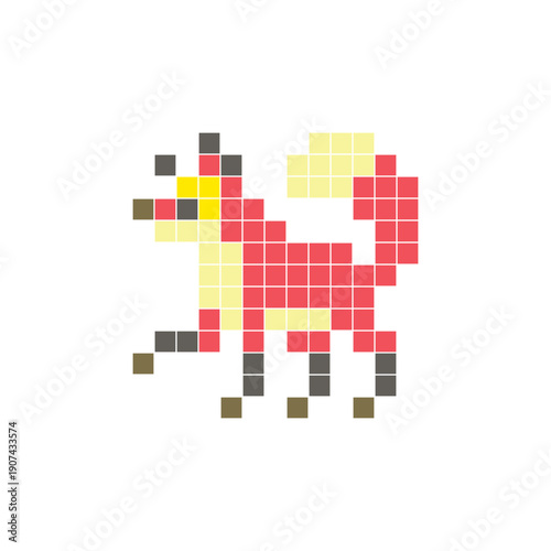 A flat pixel design made of geometric square color blocks on a clean icon layout. Pixel art fox