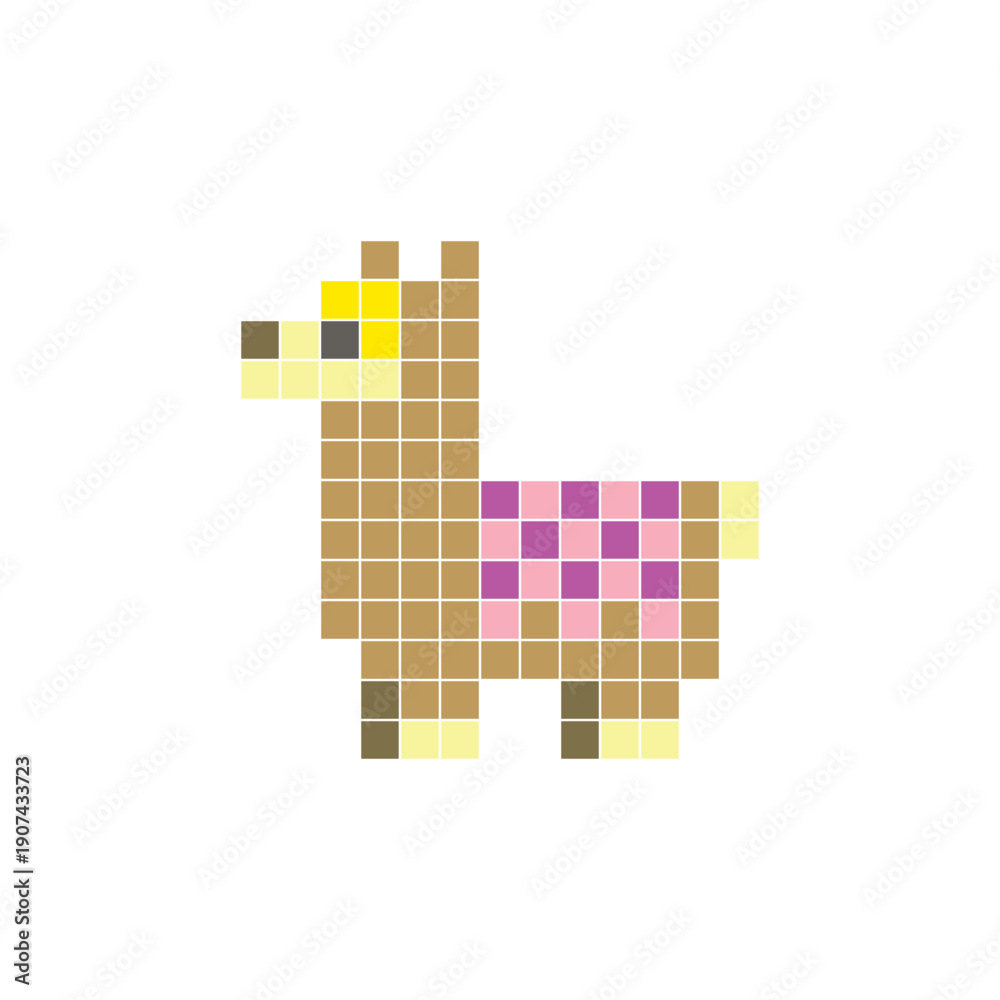 Fototapeta premium A flat pixel design made of geometric square color blocks on a clean icon layout. Pixel art llama
