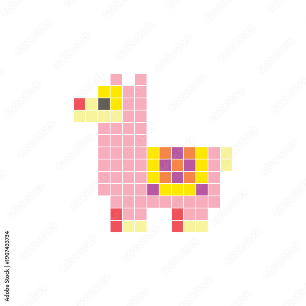 Naklejka premium A flat pixel design made of geometric square color blocks on a clean icon layout. Pixel art llama