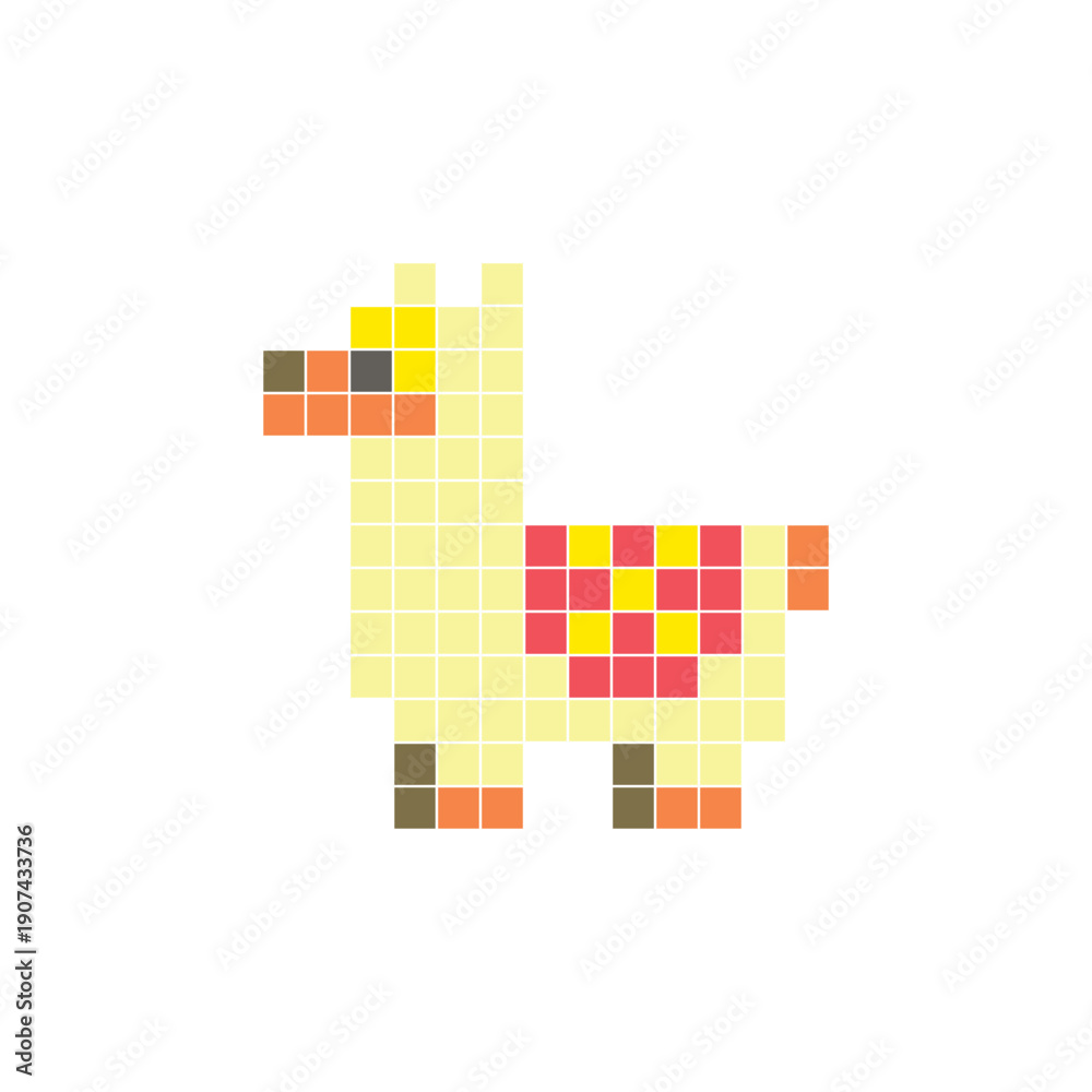 Fototapeta premium A flat pixel design made of geometric square color blocks on a clean icon layout. Pixel art llama