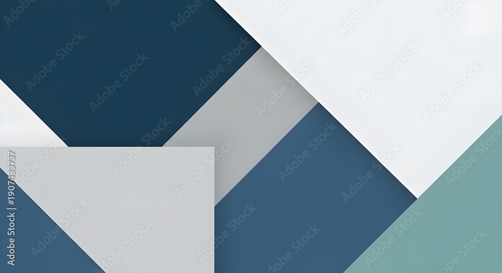 Fototapeta premium Minimalist abstract background featuring overlapping geometric shapes in a professional palette of navy blue, slate, grey, and teal with clean shadows.