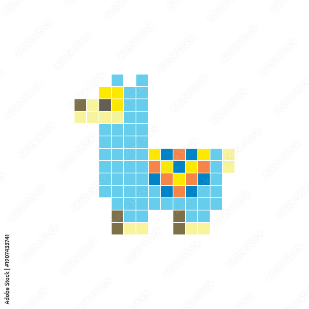 Fototapeta premium A flat pixel design made of geometric square color blocks on a clean icon layout. Pixel art llama