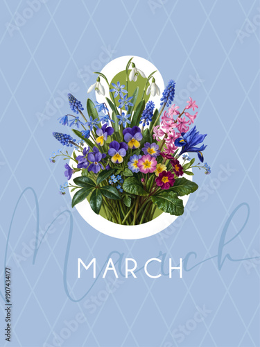 International Women's Day, March 8th greeting card. Vector illustration with first spring flowers bouquet.