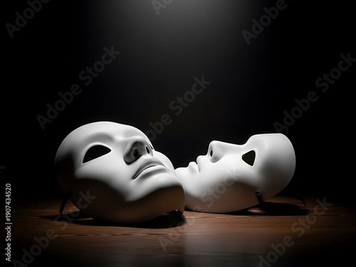 Two White Dramatic Masks Lying on Wooden Surface. Generative Ai
