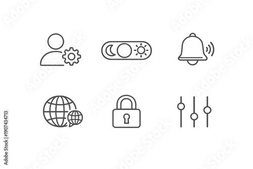 Set of six user preference and personalization icons in line style. Editable stroke vector collection designed for UI, account settings, accessibility and customization tools.