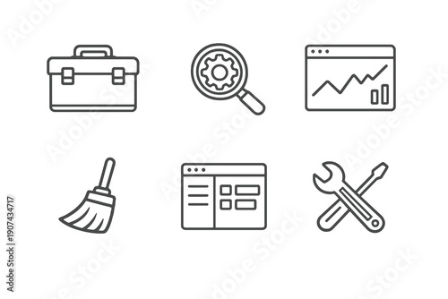 Set of six system tools and maintenance icons in line style. Editable stroke vector collection designed for UI, operating systems, utilities and performance tools.