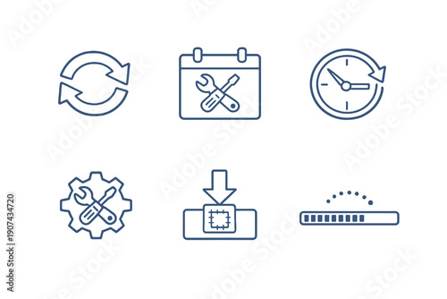 Set of six updates and maintenance icons in line style. Editable stroke vector collection designed for UI, system updates, scheduled maintenance and software management tools.