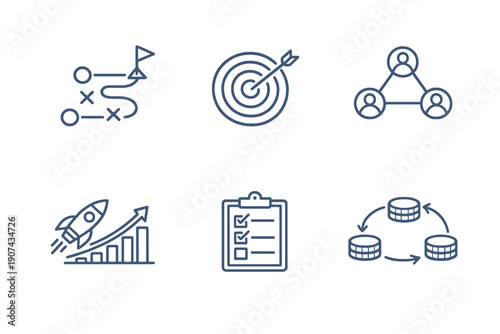 Set of six business strategy and management icons in line style. Editable stroke vector collection designed for UI, planning tools, teamwork platforms and business analytics.