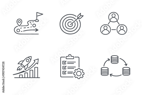 Business strategy line icon set with six editable stroke vector symbols. Clean outline style for planning, management, startups and strategy dashboards.