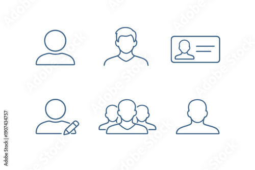User and profile line icon set with six editable stroke vector symbols. Clean outline style for accounts, avatars, interfaces and user management web applications.